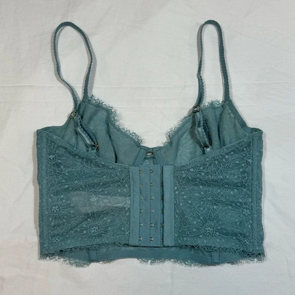 Victorias Secret Teal Floral Lace Longline/Corset Bra‎ Unlined Underwire 32D